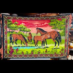 Vintage Velvet Equestrian Tapestry with Fringe